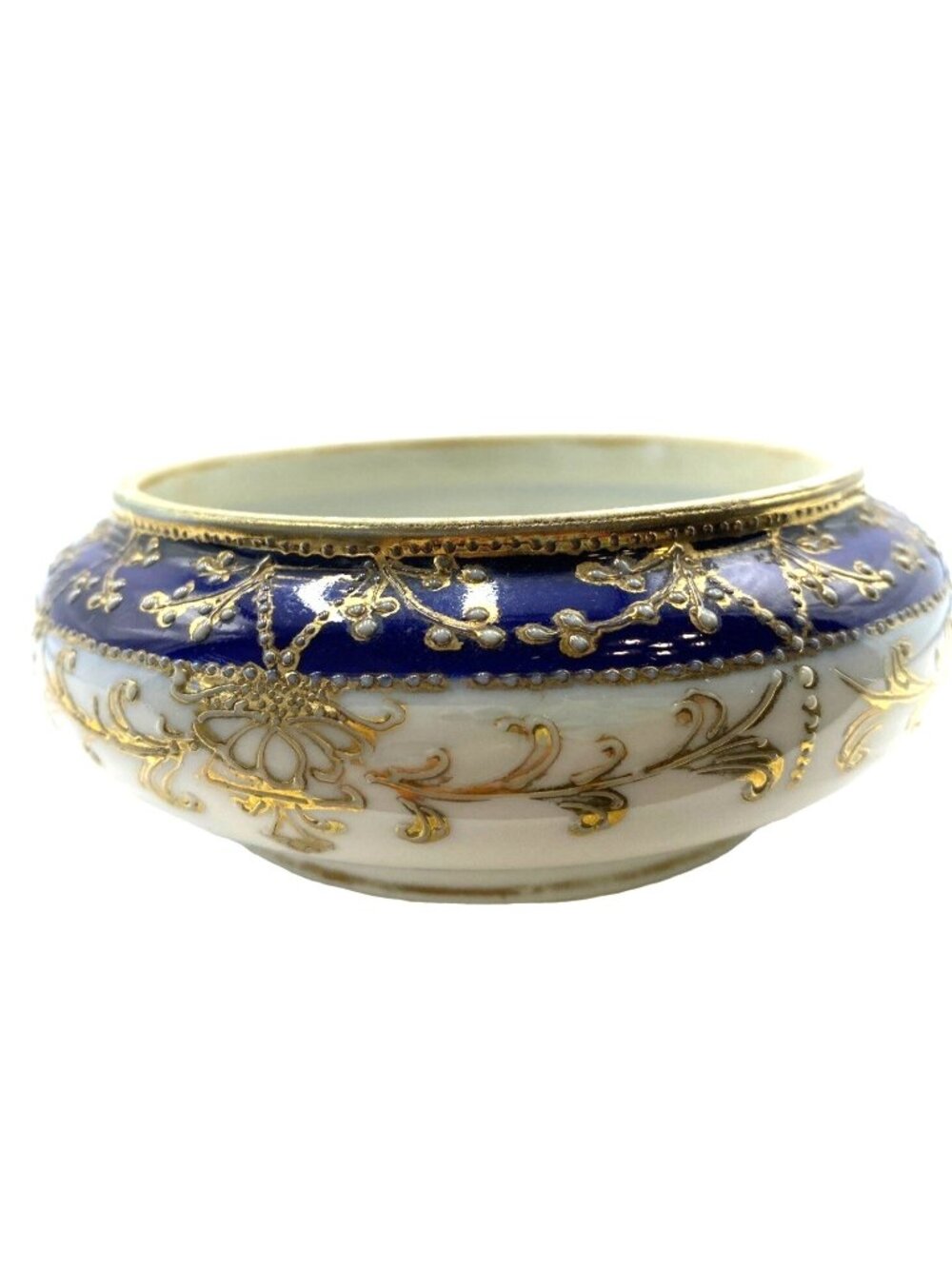 Antique Hand-Painted Nippon Porcelain Bowl With Gold Moriage & Cobalt Blue Accen